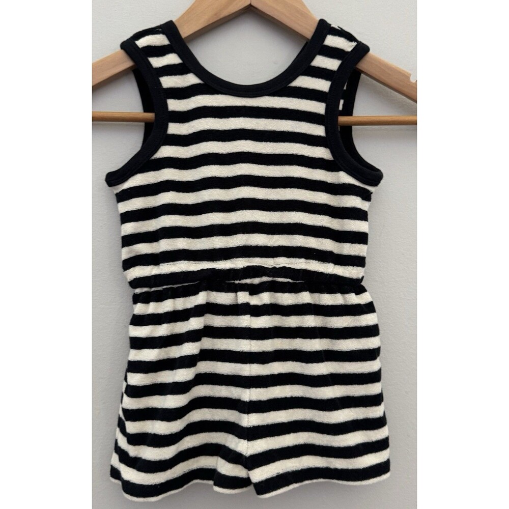 Tea Collection Girls 2 Terry Cloth Pocket Romper Black/Cream Striped